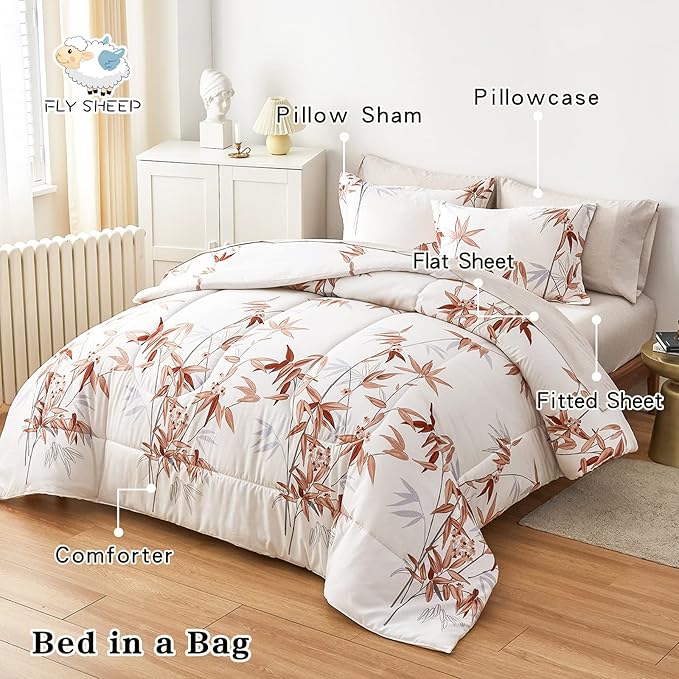 7 Piece Bed in a Bag Queen Comforter Set with Sheets, Burnt Orange Leaves on White Botanical Bedding Sets for All Season (1 Comforter, 2 Pillow Shams, 1 Flat Sheet, 1 Fitted Sheet, 2 Pillowcases)