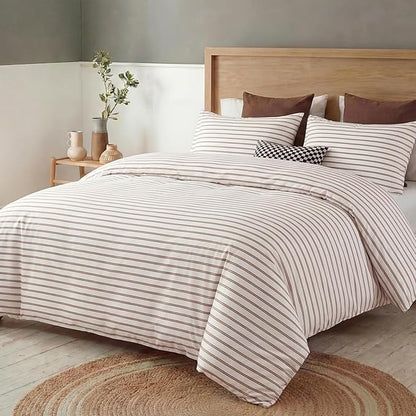 Bedbay Beige Striped Duvet Cover Set King Size, 100% Cotton Sateen Bedding, Soft & Breathable Neutral Bedding Set, Modern Farmhouse Style, 3 Pcs Striped Comforter Cover with Zipper & Corner Ties