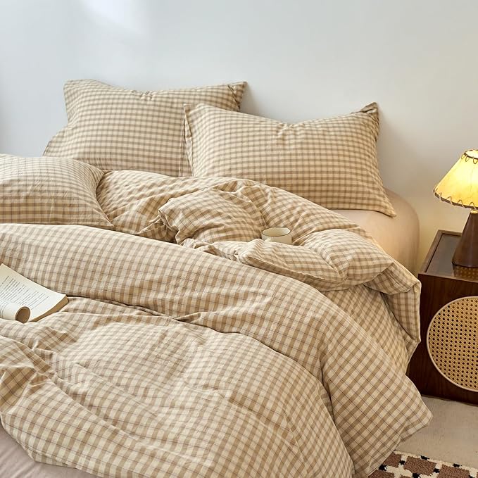 Light Brown Gingham Twin XL Duvet Cover Tan Washed Cotton Comforter Cover Twin XL Soft Checkered Plaid Zipper Duvet Cover Set with Corner Ties Boho Teenage Bedding Set Farmhouse Duvet Protector