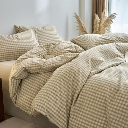Taupe Plaid Gingham Duvet Cover King 3 Pieces Checkered Grid Duvet Cover 100% Washed Cotton Beige & Mocha Plaid Comforter Cover with Zipper Closure 2 Pillowcases Luxury Soft Breathable Bedding Set