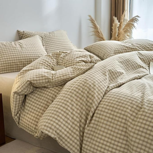 Taupe Plaid Gingham Duvet Cover King 3 Pieces Checkered Grid Duvet Cover 100% Washed Cotton Beige & Mocha Plaid Comforter Cover with Zipper Closure 2 Pillowcases Luxury Soft Breathable Bedding Set