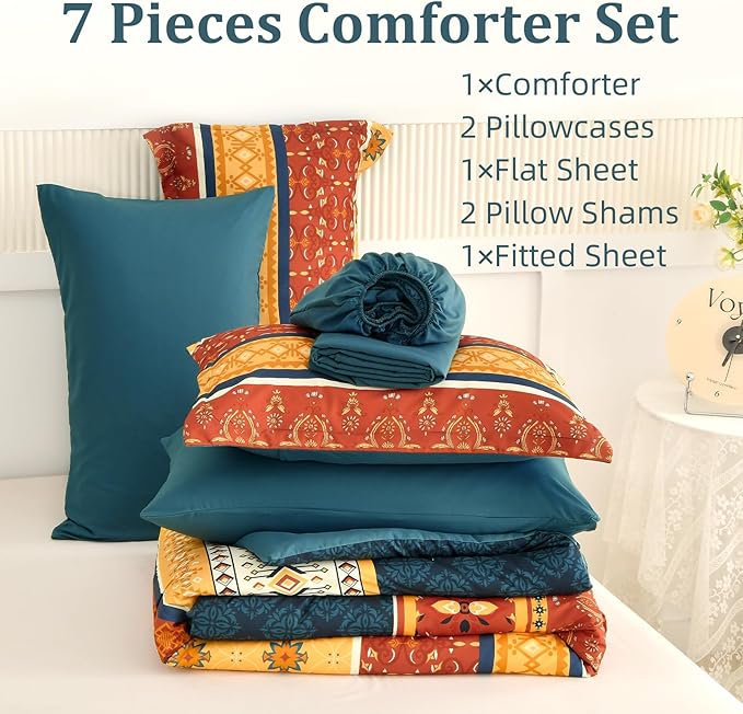 WONGS BEDDING Boho Comforter Set King Size,7 Pieces Bed in a Bag Bohemian Striped Bedding Set,Burnt Orange Paisley Floral Comfortet and Sheet Set,Soft Microfiber Bedding Sets for All Season