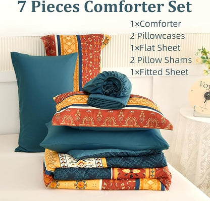 WONGS BEDDING Boho Comforter Set Queen Size,7 Pieces Bed in a Bag Bohemian Striped Bedding Set,Burnt Orange Paisley Floral Comfortet and Sheet Set,Soft Microfiber Bedding Sets for All Season