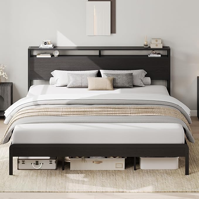 LIKIMIO King Bed Frame with Headboard, Dark Wood Camas King with Strong Supports, Sturdy, Noise-Free, No Box Spring Needed, Classic Black