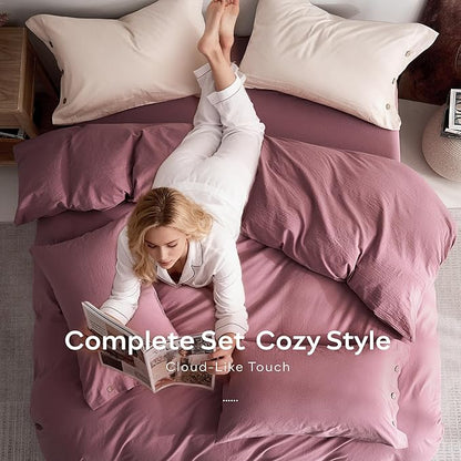JELLYMONI 100% Washed Cotton Duvet Cover Twin – Soft, Breathable Linen-Look Bedding with Natural Wrinkle Texture, Button Closure, 2-Piece Set (Deep Rose, 68"x90")