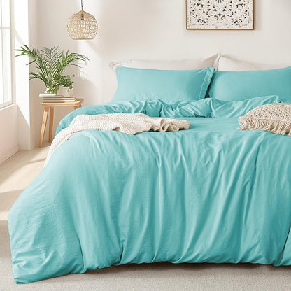 MILDLY Super Soft Duvet Cover - 100% Washed Microfiber Aqua Blue Comforter Cover Set 3 Pieces with Zipper Closure & Corner Ties (No Comforter)