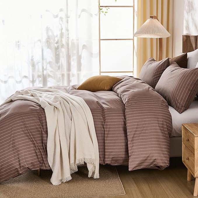 Merryword 100% Cotton Duvet Cover Set King Size, Brown Pinstripe Bedding Set with 2 Pillowcases, Soft Breathable Comforter Cover, Natural Cotton Linen Like Bedding Set for Cozy Home Bedroom
