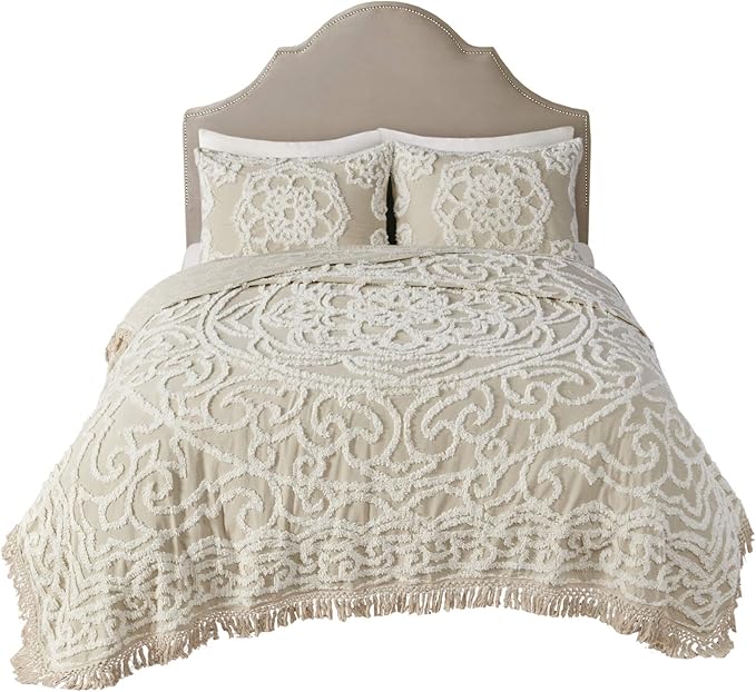 Madison Park Laetitia Lightweight 100% Cotton Quilt Set, Breathable Chenille Tufted, Shabby Chic Boho Medallion Design, Sham, Floral Ivory w/ Tassels, King/California King (104 in x 92 in) 3 Piece