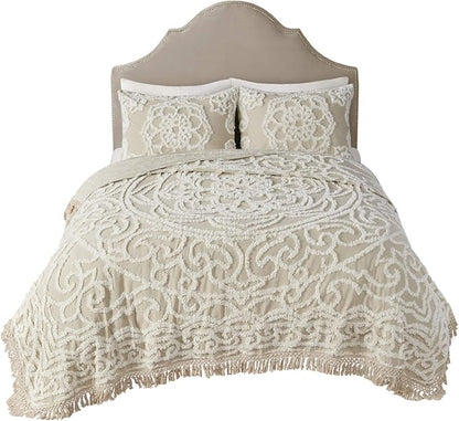 Madison Park Laetitia Lightweight 100% Cotton Quilt Set, Breathable Chenille Tufted, Shabby Chic Boho Medallion Design, Sham, Floral Ivory w/ Tassels, King/California King (104 in x 92 in) 3 Piece