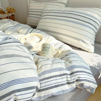 EAVD Retro Blue&Grey Striped Comforter Set Twin XL Soft Cotton 3-Piece Vintage Bedding Set with 2 Pillowcases Boho Vertical Stripes Geometric Comforter Set for All-Season Breathable Lightweight