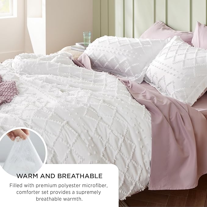 Bedsure Full Comforter Set - Ivory Comforter, Boho Tufted Shabby Chic Bedding for Kids, 3 Pieces Vintage Farmhouse Bed Set for All Seasons, Fluffy Soft Bedding with 2 Pillow Shams