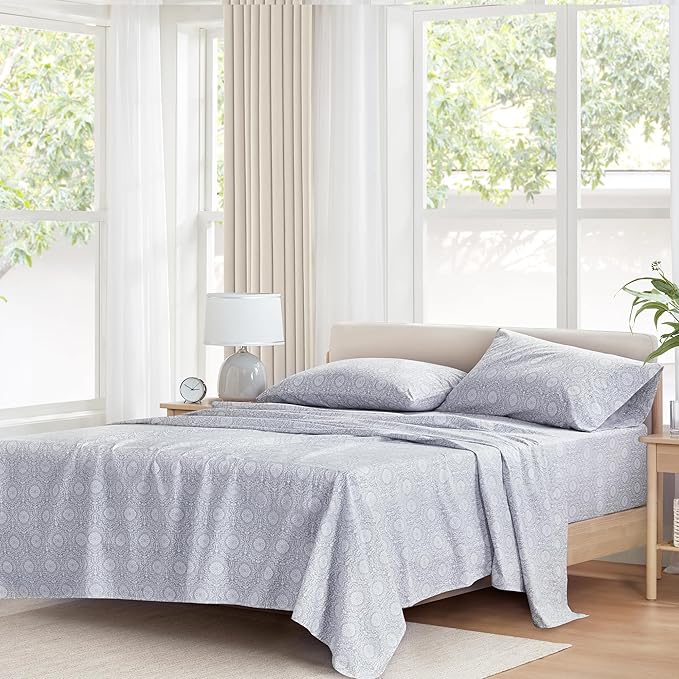 Comfort Spaces 100% Cotton Sheet Set Breathable, Lightweight, Soft with 14" Elastic Pocket Fits up to 16" Mattress, All Season Cozy Bedding, Matching Pillow Case, Full Adelia Gray 4 Piece
