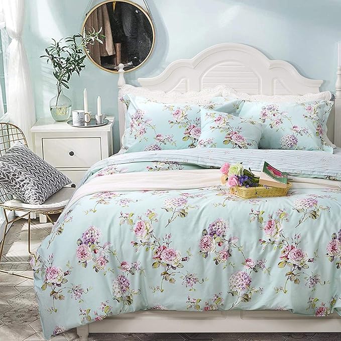 FADFAY Shabby Vintage Duvet Cover Twin XL Dorm Bedding Fashionable Rose and Hydrangea Flower 100% Cotton Soft Reversible Hidden Zipper Closure Farmhouse Quilt Cover Set 3 Piece -（No Filling）