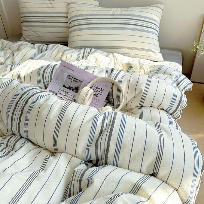 EAVD Vintage Blue Grey and White Striped Duvet Cover King Soft 100% Cotton Chic Stripes Bedding Set with 2 Pillowcases Retro Geometric Duvet Cover with Zipper Closure Corner Ties