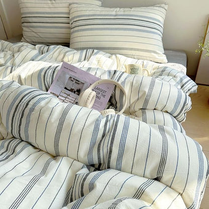 EAVD Vintage Blue Grey and White Striped Duvet Cover King Soft 100% Cotton Chic Stripes Bedding Set with 2 Pillowcases Retro Geometric Duvet Cover with Zipper Closure Corner Ties