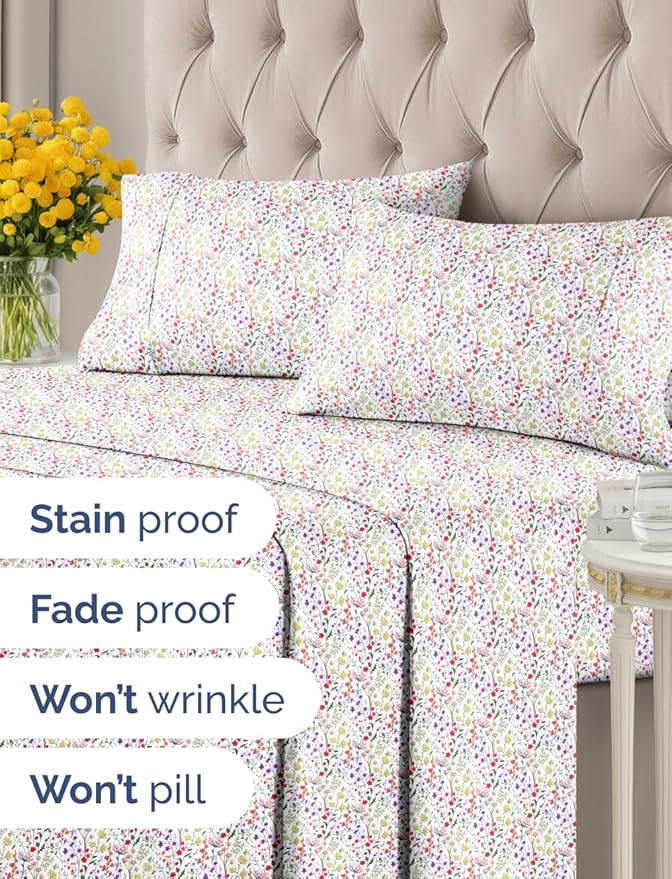 Floral Sheets - Flower Print Bed Sheet Set - 1 Flat, 1 Fitted & 2 Pillowcases w/ Deep Pockets - Comfy, Cozy, Wrinkle & Fade Free - Boho Botanical Bedding - Soft, Breathable & Cooling - King Size Set