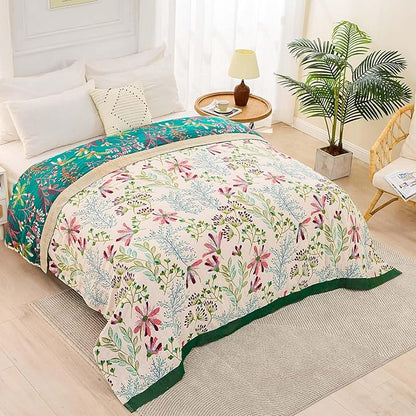 Boho Throw Blanket for Bed, 100% Cotton Soft Rustic Quilt Fall Blanket, 90"x98" Floral Printed Farmhouse Decor Bed Blankets, All Season Rustic Reversible Bohemian Throw Quilt