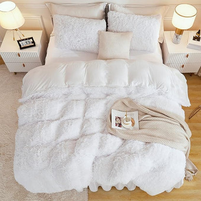 Andency White Comforter Full Size Set, 3 Pieces Fluffy Faux Fur Warm Soft Fuzzy Plush Bedding Comforter Set, Thick Heavy Puffy Comfy Bedding Sets