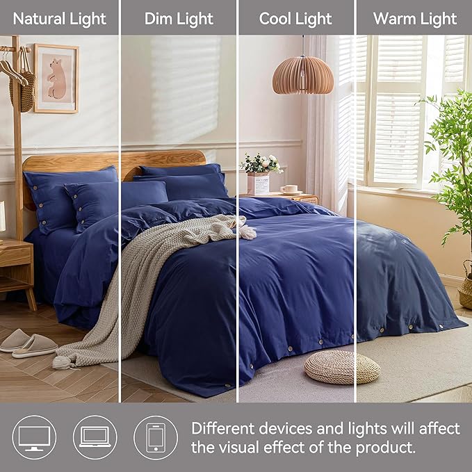 JELLYMONI Cotton Duvet Cover Twin Size - Navy Blue Comforter Cover with Button 100% Washed Cotton 2PCS Breathable Soft Solid Bedding Set Duvet Cover 68×90in & 1 Pillowcase (NO Comforter)