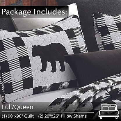 Virah Bella 3 Piece Queen Lodge Quilt Bedding Set - Buffalo Bear Plaid Black - Rustic Cabin Country Reversible Camping Comforter Set with Decorative Pillow Shams, Black/White