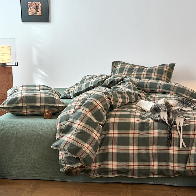 EAVD Vintage Green Buffalo Plaid Comforter Set King Soft 100% Washed Cotton Retro Green&Red Grid Checkered Bedding Set with 2 Pillowcases Farmhouse Gingham Comforter Set for All-Season