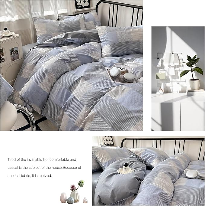 HighBuy Blue Grey Comforter Set King Size Gingham Pattern Grid Checkered Patchwork Comforter Set 3 Pieces Buffalo Plaid Comforter Bedding Set with Checkered Pillowcases Fluffy Home Decor