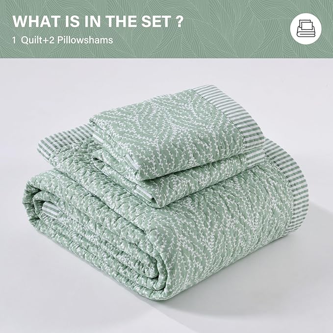 SahSahCasa Quilt Set King Size, 100% Cotton Quilt Bedding Set Bedspread, Botanical Pattern Solid Color Chic Lightweight Quilted Comforter for King Bed, White/Green, All Season, 3 Pieces