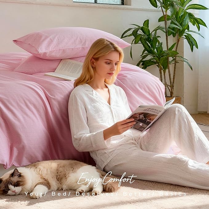 JELLYMONI 100% Natural Cotton 2pcs Striped Duvet Cover Sets,White with Pink Stripes Pattern Printed Comforter Cover,with Zipper Closure & Corner Ties(Twin Size)