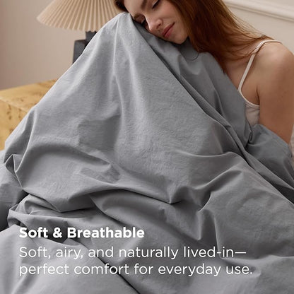 Bedsure 100% Washed Cotton Duvet Cover King Size - Grey Minimalist Bedding Set Linen Like - PureWoven Plain Simple & Soft Comforter Cover for All Seasons, 3 Pieces (Grey, King, 104"x90")