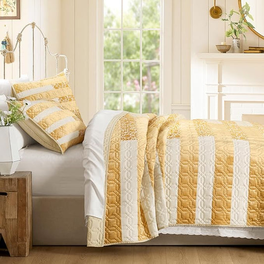 Wonderful Yellow Patchwork Spring Quilt King - Real Stitched Cotton Velvet Microfiber Mixed Bedding - 3-Piece Piano Key Splicing Floral Bedspread - Lightweight Geometric Quilted Coverlet | Breathable Material, Soft Touch, Wrinkle-Resistant, Machine Was...