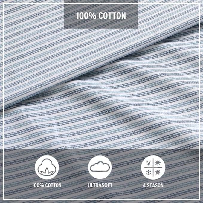 Eddie Bauer - Queen Sheets, Cotton Percale Bedding Set, Crisp & Cool Home Decor (Ticking Stripe Light Blue, Queen)