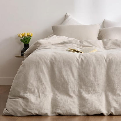 Cream Gray Duvet Cover Queen Size, 100% Sandwashed Cotton Soft Queen Duvet Cover Set 3 Pieces with Zipper Clousre & Corner Buttons (Cream Gray, Queen 90 x 90)