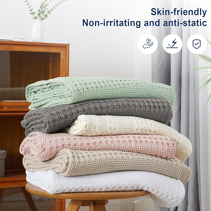 PHF 100% Cotton Waffle Weave Blanket Twin Size for Bed, Soft Lightweight & Breathable for Spring and Summer, All-Season Comfort, Luxury Aesthetic Blanket for Home Decor, 66"x90", Cannoli Cream