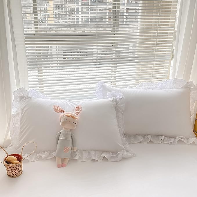 MOOWOO Chic Ruffle Lace Polyester Duvet Cover Set -Girl White Bedding-2 Piece Twin Comforter Duvet Cover with Zipper Closure -Ultra Soft and Light Weight(White, Twin)-NO Including Comforter