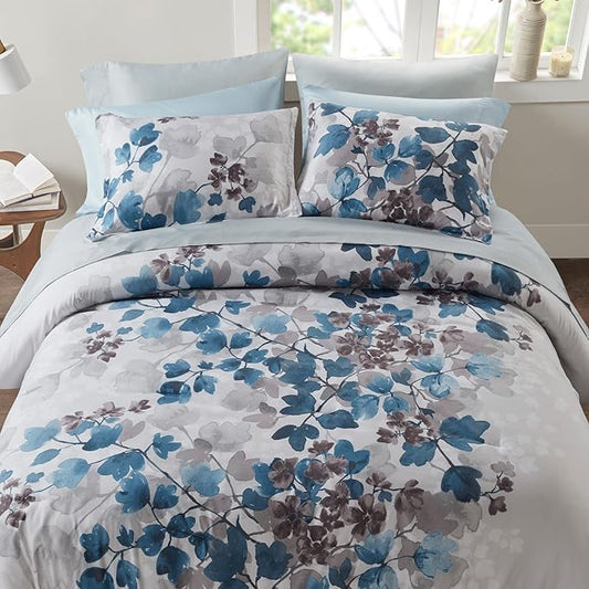 Madison Park Full Comforter Set with Sheets, Floral Bed in A Bag Soft Microfiber Comforter for Full Size Bed, All Season Lightweight Comforters Full Bed Set, Alexis, 9 Piece Blue