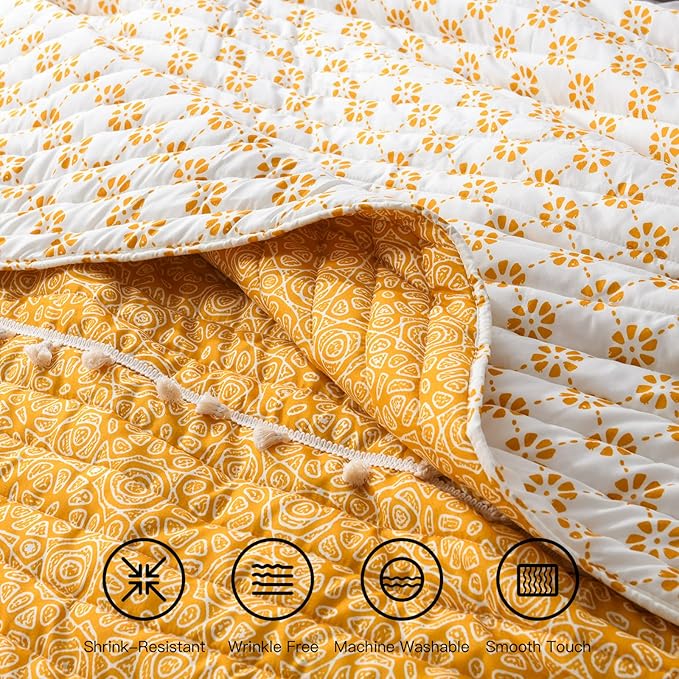 HORIMOTE HOME Boho Style Yellow King Quilt Set with Tassle, Soft and Lightweight Bedspread for All Season, King Size Bed Coverlet with 2 Matching Pillow Shams (3 Pieces)