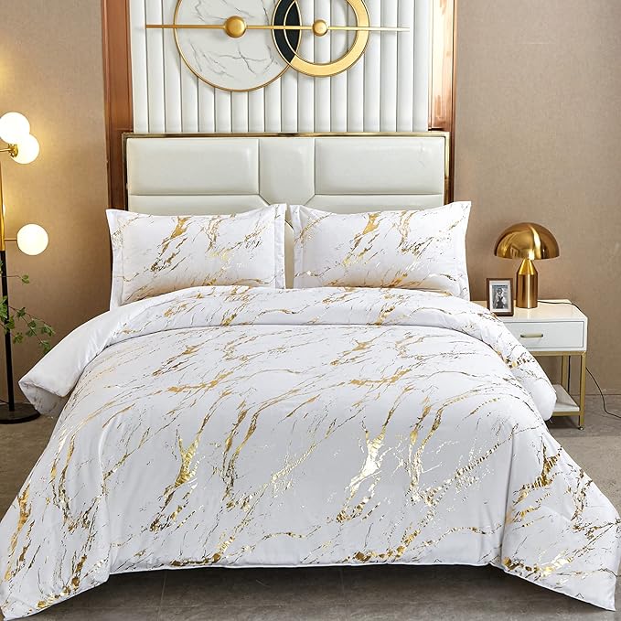 WONGS BEDDING White Gold Metallic Marble Comforter Set California King Foil Print Glitter Bedding Sets with 2 Pillowcases for All Seasons, Soft Microfiber Filling Bedding Duvet Set 104"x96"