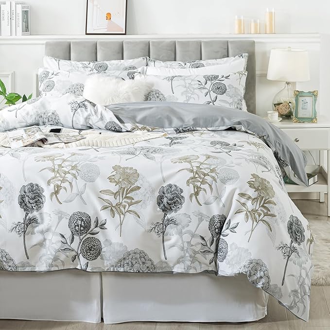 FADFAY Floral Duvet Cover Sets King/Cal King 100% Cotton Ink Grey Vintage Flower Patterned Hydrangea Comforter Cover Farmhouse Bedding for All Season Soft Crisp Luxury Bed Cover with Zipper 3 Pieces