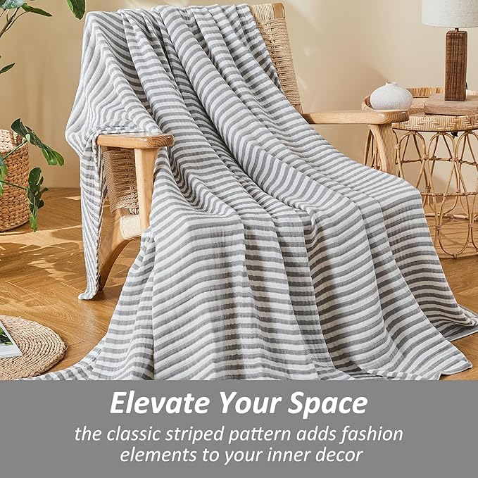 EMME Cotton Muslin King Blanket Bed Layering Bedspread Coverlet Breathable Gauze Soft Lightweight (Striped Grey, 108"x90")