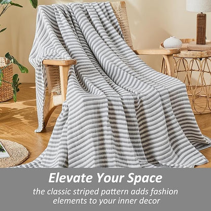 EMME Cotton Muslin King Blanket Bed Layering Bedspread Coverlet Breathable Gauze Soft Lightweight (Striped Grey, 108"x90")