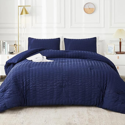 AveLom Seersucker Full Comforter Set (80x90 inches), 3 Pieces - 100% Soft Washed Microfiber Lightweight Comforter with 2 Pillowcases, All Season Down Alternative Comforter Set for Bedding, Navy