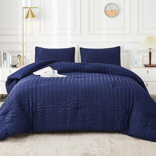 AveLom Seersucker Full Comforter Set (80x90 inches), 3 Pieces - 100% Soft Washed Microfiber Lightweight Comforter with 2 Pillowcases, All Season Down Alternative Comforter Set for Bedding, Navy