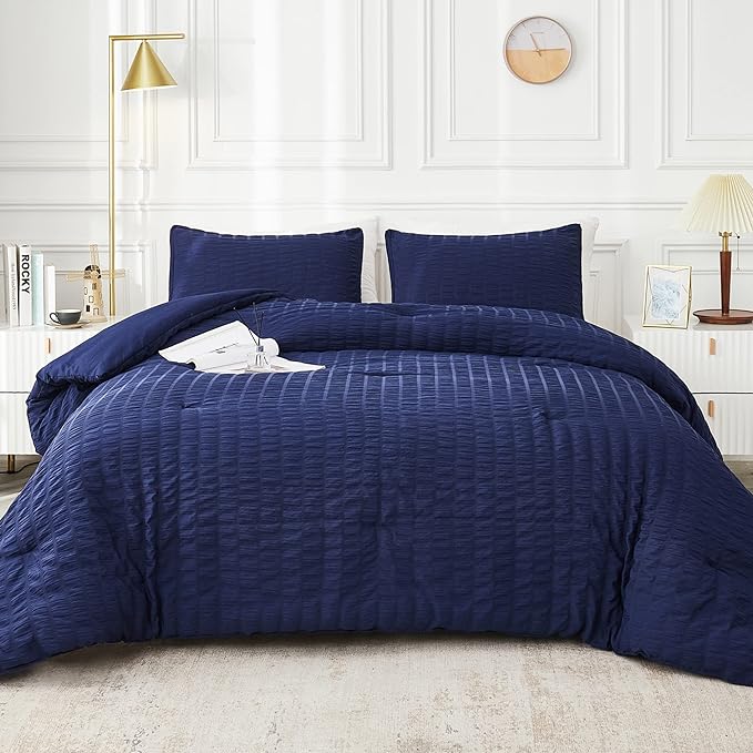 AveLom Navy Blue Seersucker California King Comforter Set (104x96 inches), 3 Pieces-100% Soft Washed Microfiber Lightweight Comforter with 2 Pillowcases, All Season Down Alternative Bedding Set