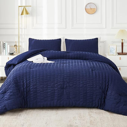 AveLom Navy Blue Seersucker California King Comforter Set (104x96 inches), 3 Pieces-100% Soft Washed Microfiber Lightweight Comforter with 2 Pillowcases, All Season Down Alternative Bedding Set
