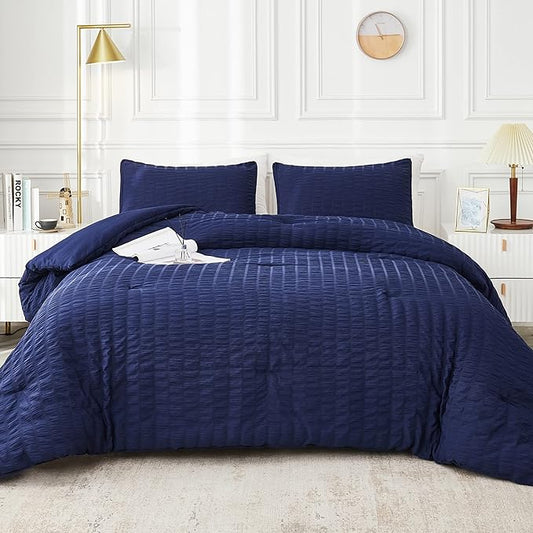 AveLom Navy Blue Seersucker California King Comforter Set (104x96 inches), 3 Pieces-100% Soft Washed Microfiber Lightweight Comforter with 2 Pillowcases, All Season Down Alternative Bedding Set