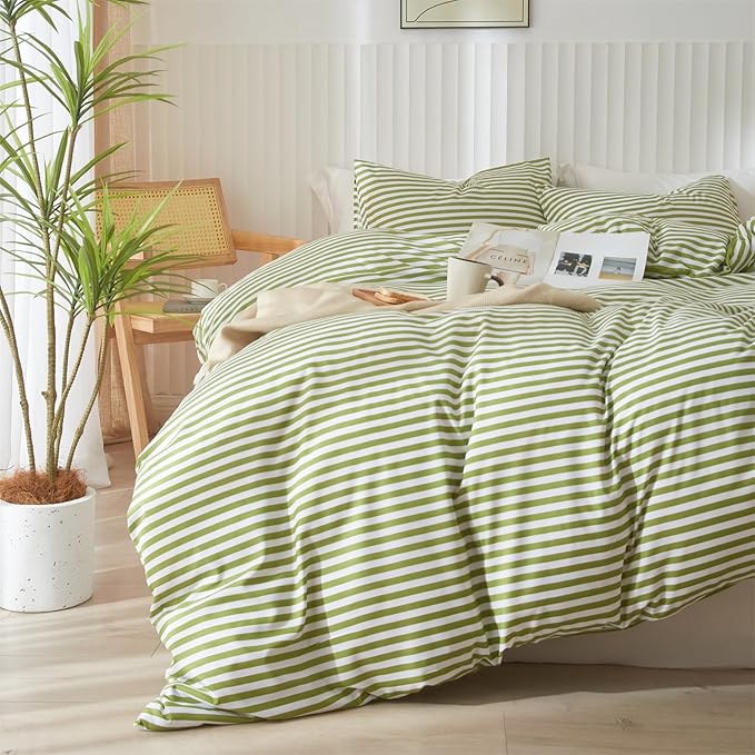 mixinni Striped Comforter Set Queen Size - Green White Stripes Pattern Bed Set for All Season, 3 Pieces Lightweight Bedding Comforter Sets for All Seasons (1 Soft Fluffy Comforter + 2 Pillowcases)