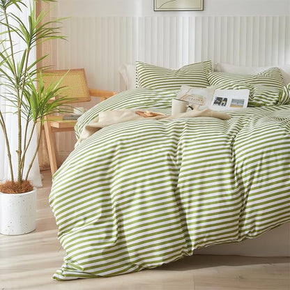 mixinni Striped Comforter Set Queen Size - Green White Stripes Pattern Bed Set for All Season, 3 Pieces Lightweight Bedding Comforter Sets for All Seasons (1 Soft Fluffy Comforter + 2 Pillowcases)