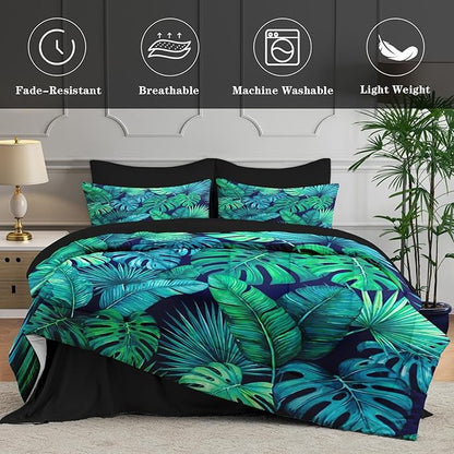 7 Pcs Full Size Comforter Set with 2 Pillowcases & 2 Shams, Tropical Palm Leaf Bedding for Kids and Adults, Green Floral Turquoise Bed in a Bag with Flat Fitted Sheet