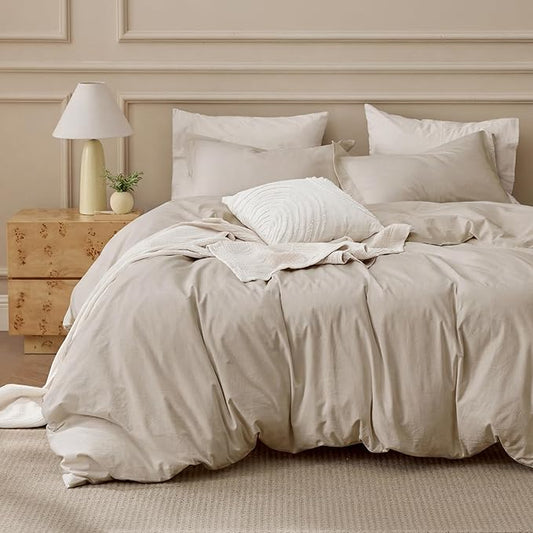 Bedsure 100% Washed Cotton Duvet Cover Super King Size - Oatmeal Minimalist Bedding Set Linen Like - PureWoven Plain Simple & Soft Comforter Cover for All Seasons (Oatmeal, Super King, 108"x98")