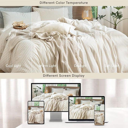 MooMee Striped Duvet Cover Set 100% Washed Cotton Linen Like Textured Breathable Durable Soft Comfy (Almond Milk Grey Classic Stripes, Oversized Queen 98"x98")